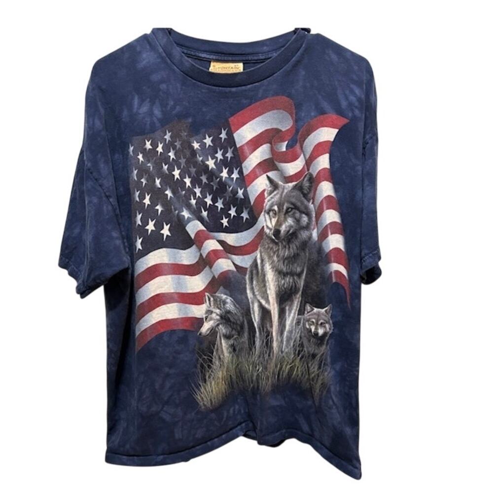 Vintage Wolf American Flag T Shirt Mens XL Blue Tie Dye USA PatrioticTee Y2K USA